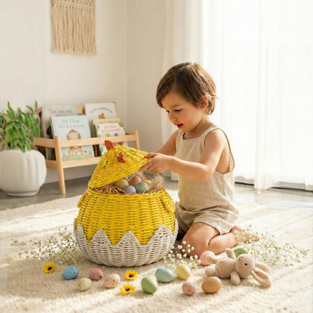 Child playing with a handcrafted yellow rattan wicker chick storage basket by MOMIJI with taking off the lid, revealing colorful eggs inside, styled on a rug with bunny and a bookshelf, ideal for Easter gifting.