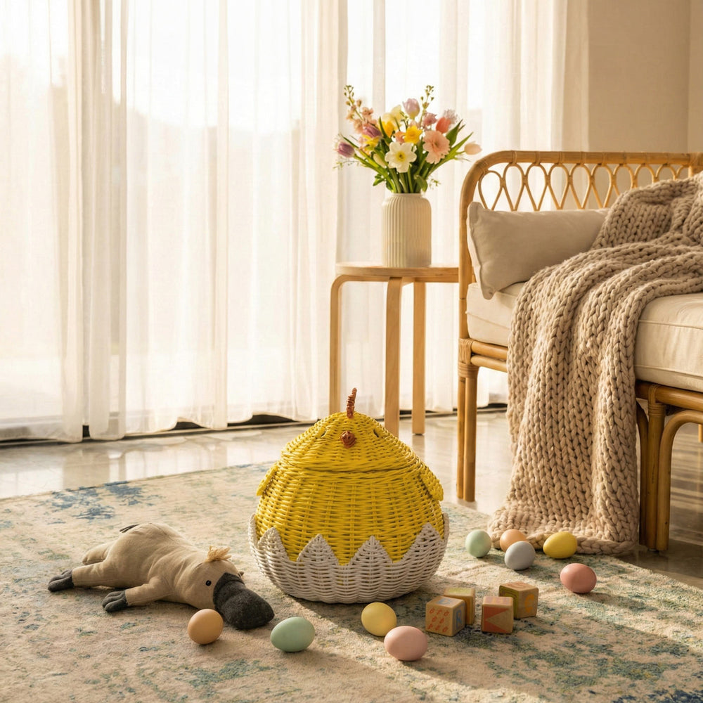 Handcrafted yellow rattan wicker chick storage basket by MOMIJI placed on a patterned rug with toys, styled in a living room with a rattan bench.