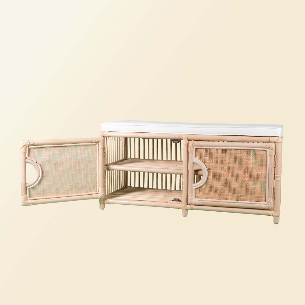 Palma Rattan Shoe Cabinet | Entryway Shoe Storage Bench​ | Cabinet Opened | MOMIJI