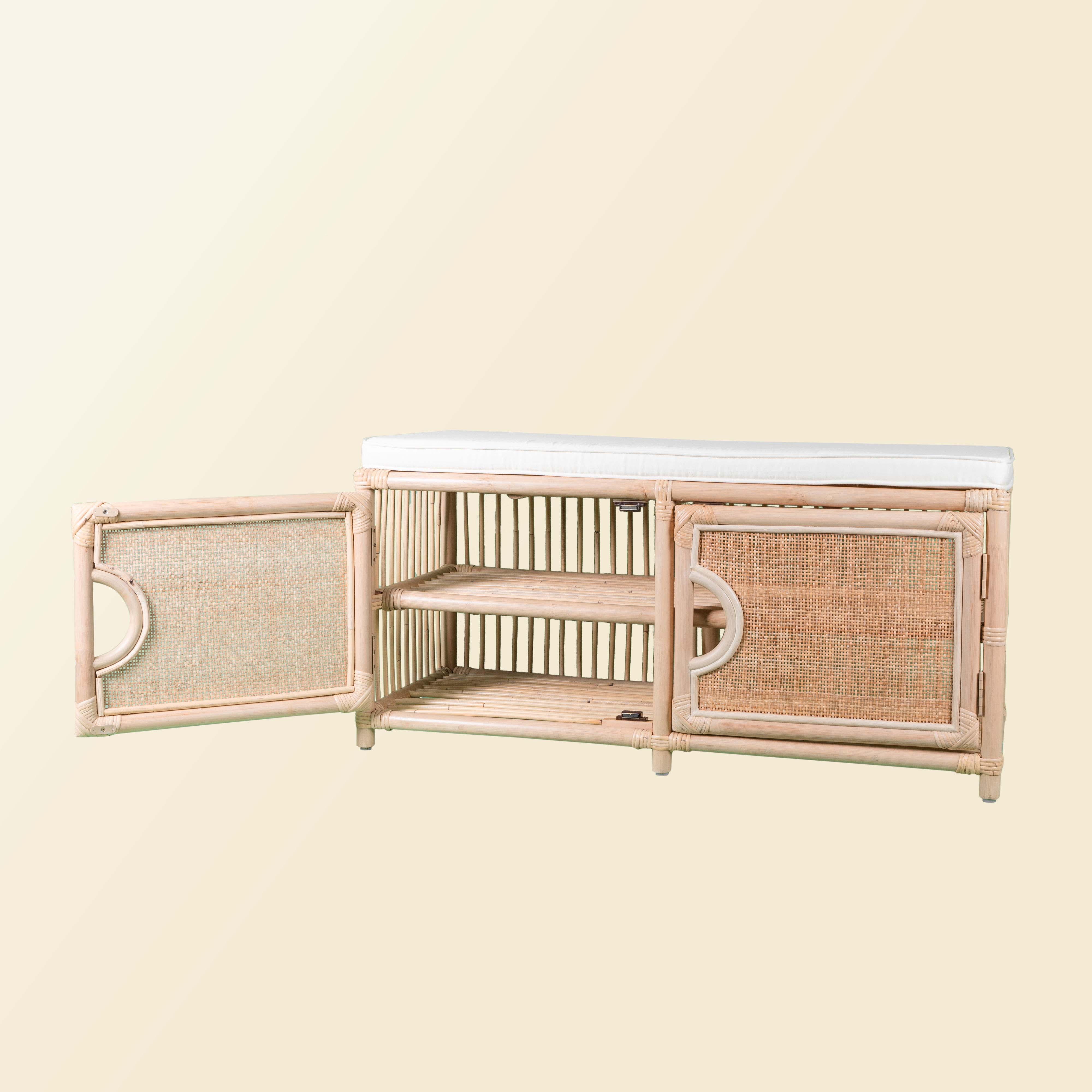 Palma Rattan Shoe Cabinet | Entryway Shoe Storage Bench​ | Cabinet Opened | MOMIJI