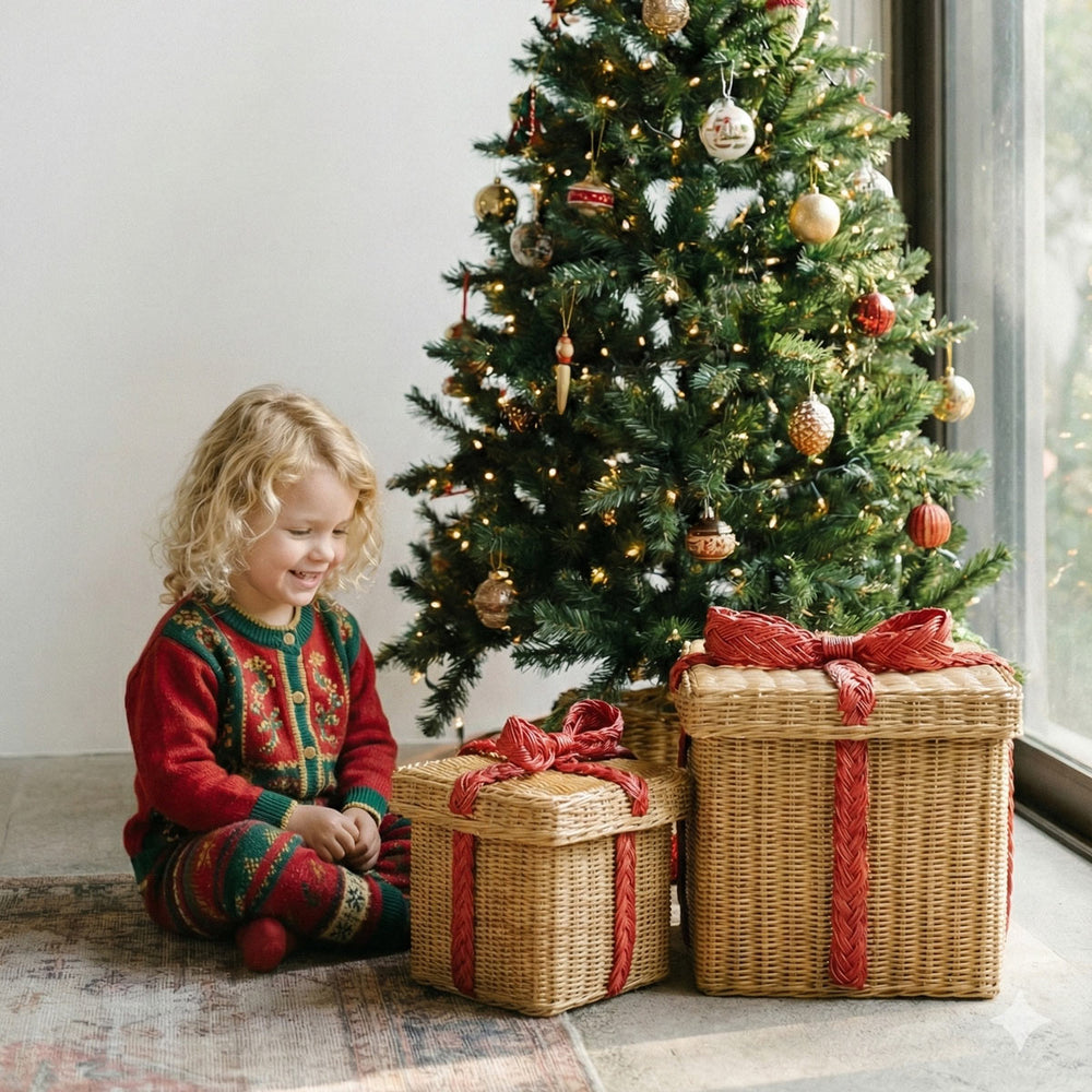 Child in festive pajamas sitting next to a decorated Christmas tree with handcrafted wicker rattan storage gift boxes featuring red ribbon of rattan wicker by MOMIJI.