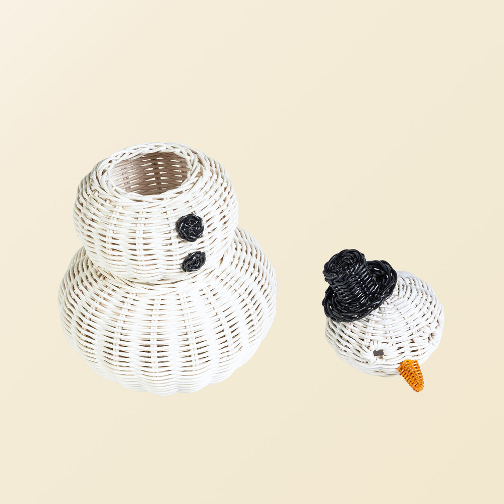 White handcrafted rattan wicker snowman basket by MOMIJI with the lid placed beside it on a beige background, showing the open storage design.
