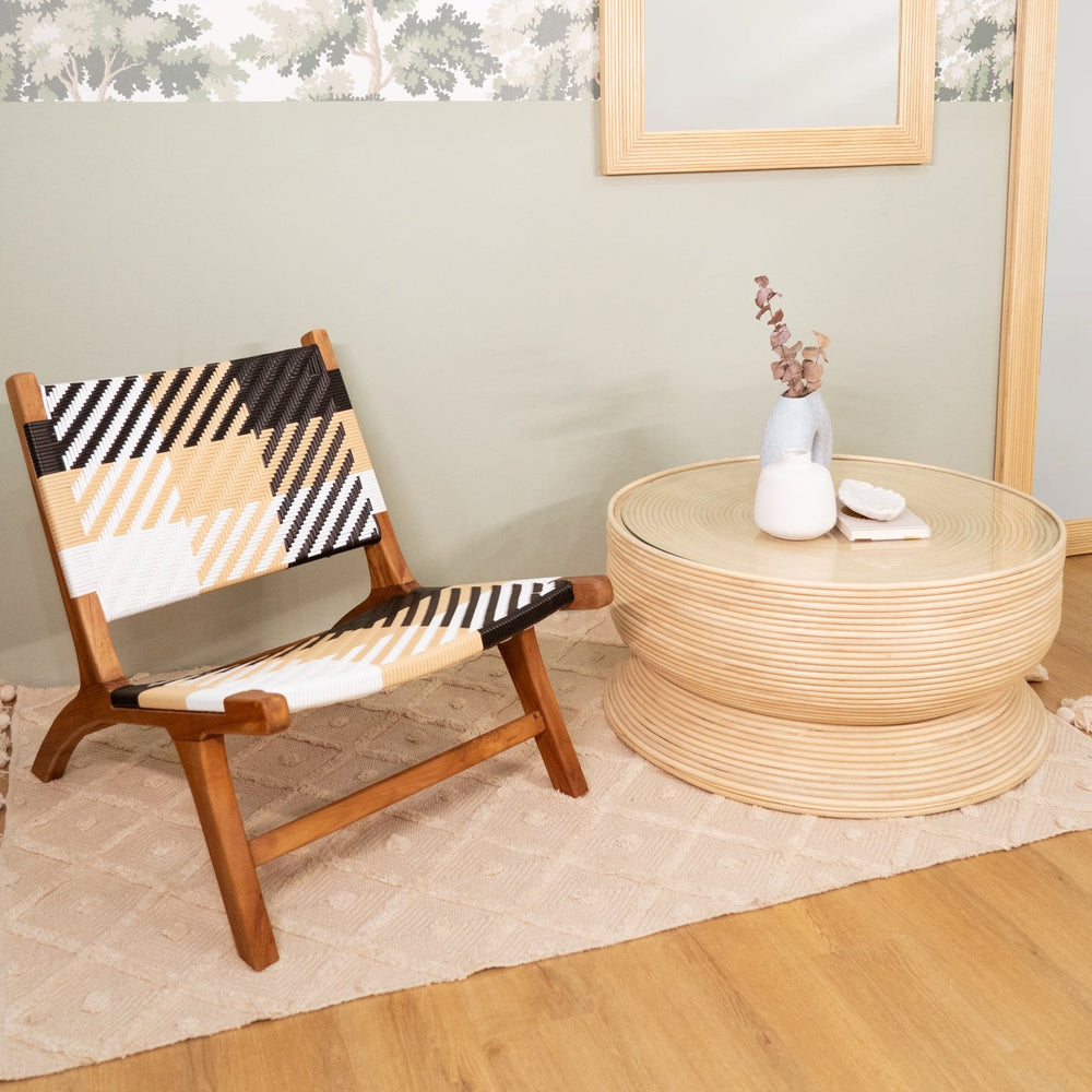 Rattan Coffee Table & Chair | Charme Coffee Table & Mila Plaid Lounge Chair | MOMIJI