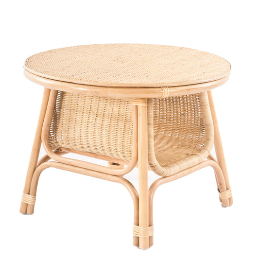 Side view of the Naia Coffee Table by MOMIJI, showcasing the handwoven rattan tabletop and lower storage shelf within a rattan frame.