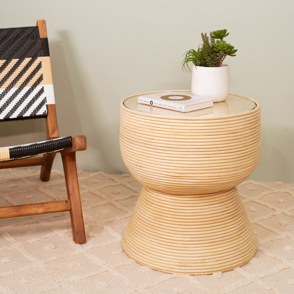 Rattan Side Table & Chair | Charme Side Table & Mila Plaid Lounge Chair | MOMIJI