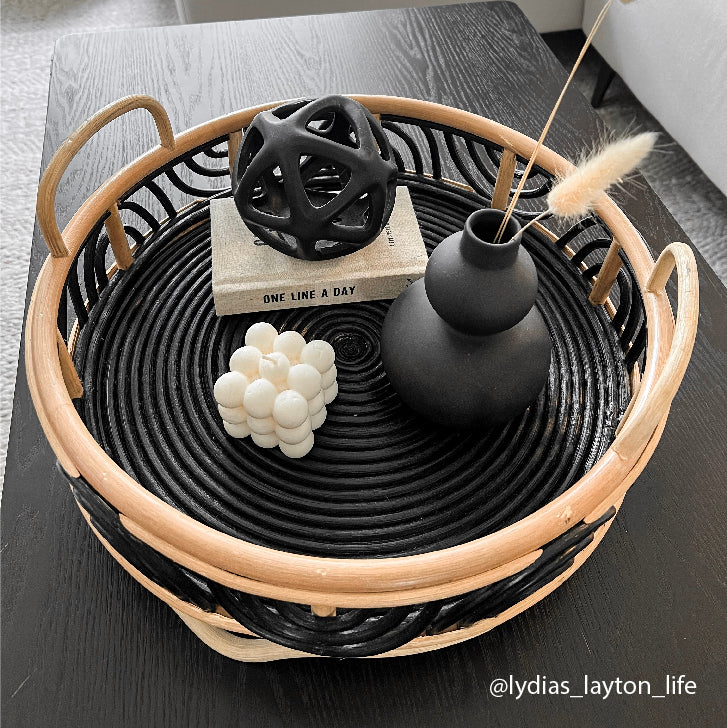 Belle Rattan Tray | Black & Brown Round Rattan Tray | Decor Items Inside| MOMIJI